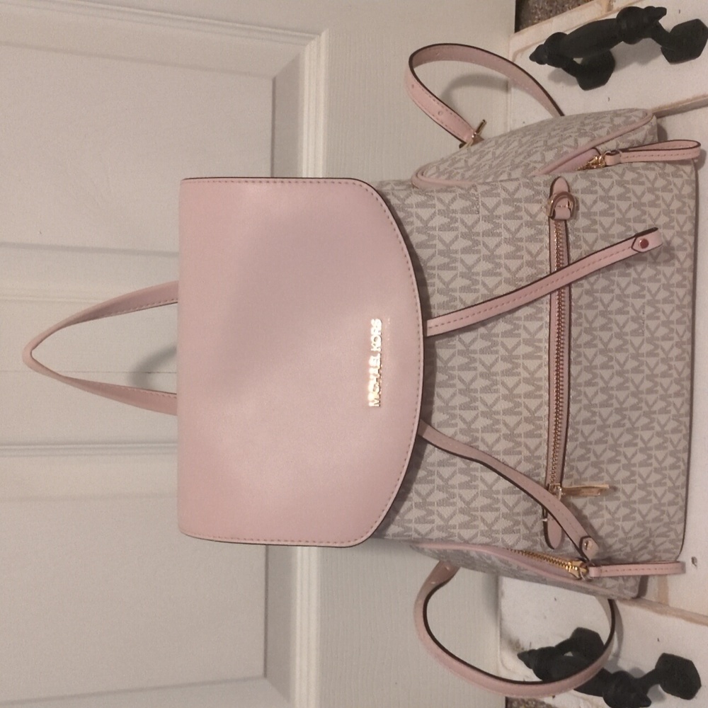 Michael kors limited edition Logo pink grey and cream backpack. Gold accents